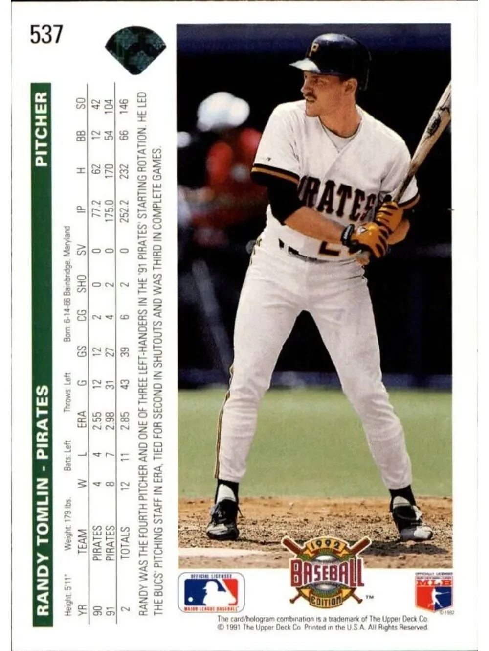 Randy Tomlin 1992 Upper Deck MLB #537 Baseball Card Pittsburgh Pirates